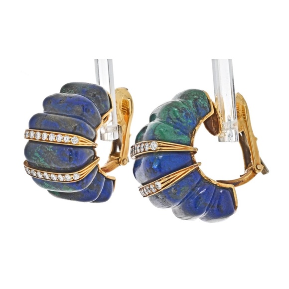 David Webb Yellow Gold Azurite Malachite Diamond Rigid Earrings - Picture 2 of 4